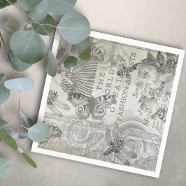 Botanischer Vintag Butterfly Script Schwarz-Weiß Serviette