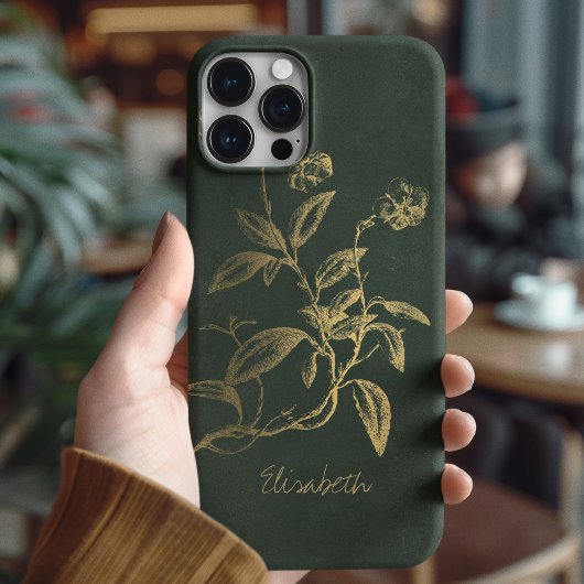 Botanischer Vintager dunkelgrüner Goldname Case-Mate iPhone Hülle