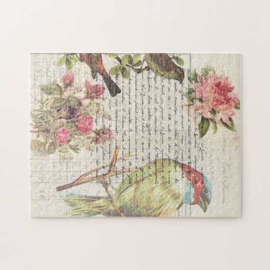 Botanischer Vintager Vogel-Decoupage Puzzle (Horizontal)