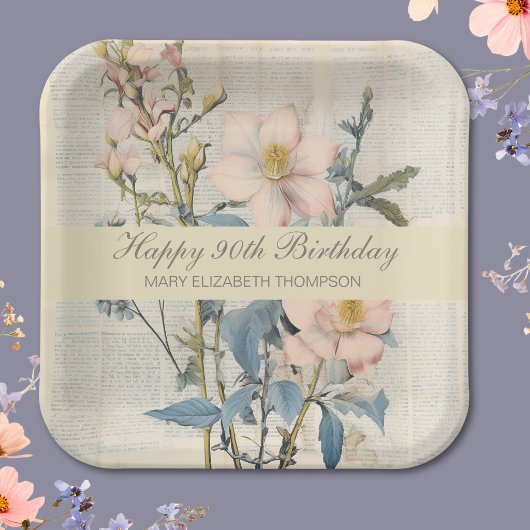 Botanischer Vintaqe Wildblume 90. Geburtstag Pappteller