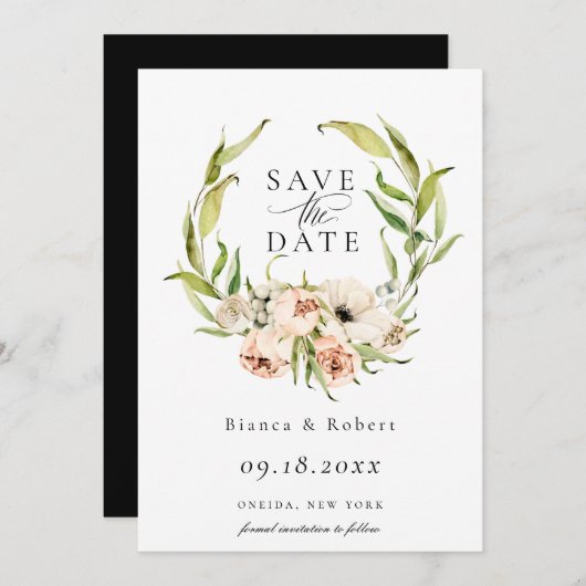 Botanischer Wald Blumenreath Save the Date Ankündigung (Vorne/Hinten)