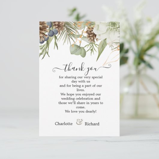 Botanischer Wald mit Pinecones Hochzeit Dankeskarte (Stehend Vorderseite)