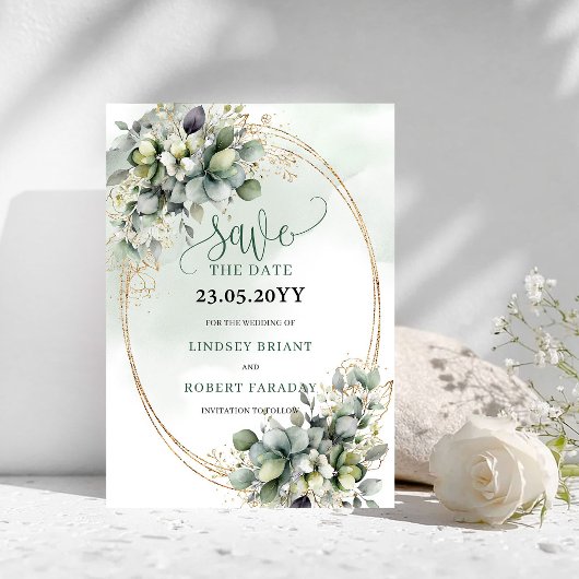 Botanischer Wasserfarben-Grün-Gold Save The Date