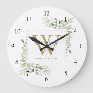 Botanischer Wasserfarben-Grün-Monogramm-Name Große Wanduhr