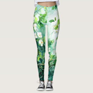 Botanischer Wasserfarbenanstrich Weiße Blüten Grün Leggings