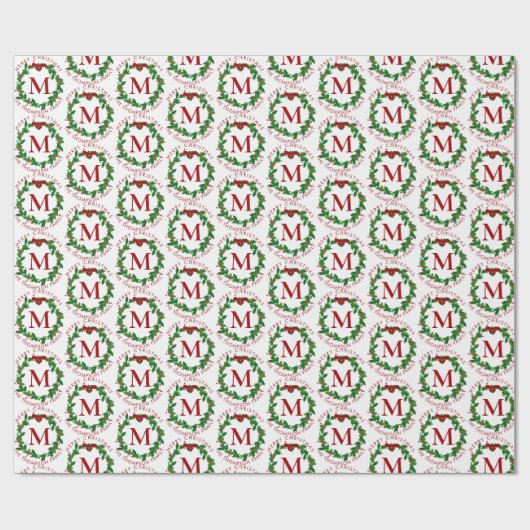 Botanischer Weihnachtskranz Rote Monogramm Weihnac Geschenkpapier (Flach)