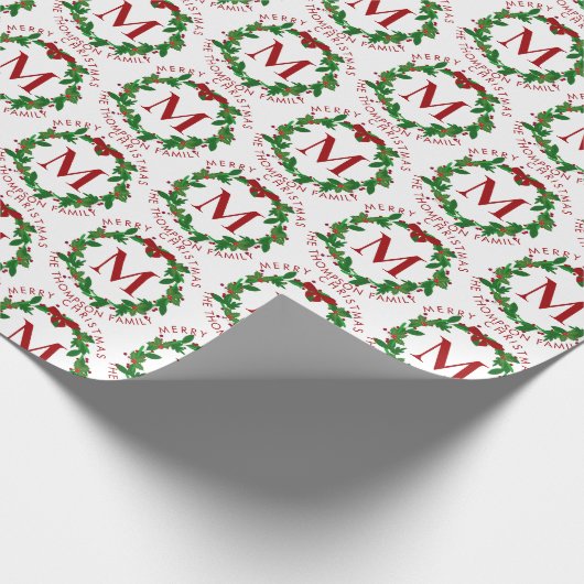 Botanischer Weihnachtskranz Rote Monogramm Weihnac Geschenkpapier (Ecke)
