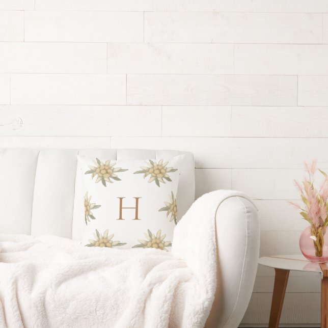 Botanischer Winter White Initial Edelweiss Kissen (Liege)