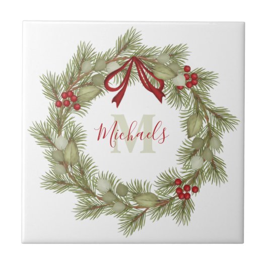 Botanischer Wreath Red Holly Monogram Fliese (Vorderseite)