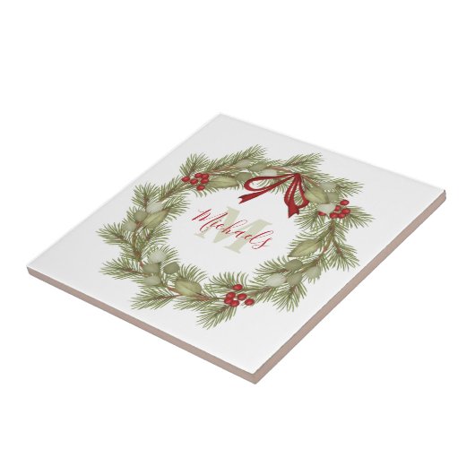Botanischer Wreath Red Holly Monogram Fliese (Seite)