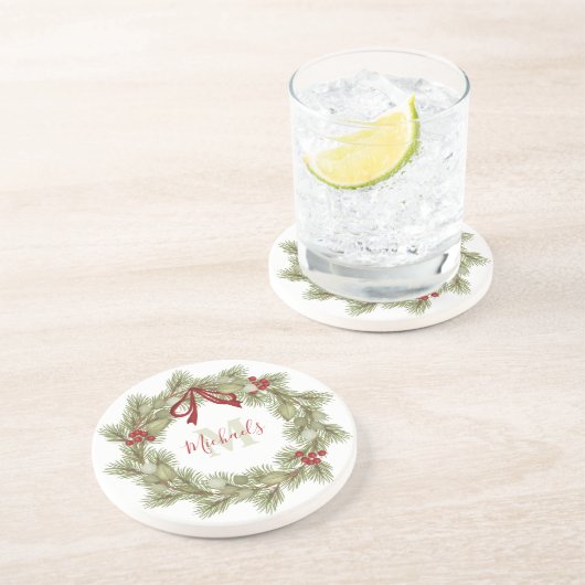 Botanischer Wreath Red Holly Monogram Getränkeuntersetzer (Seite)