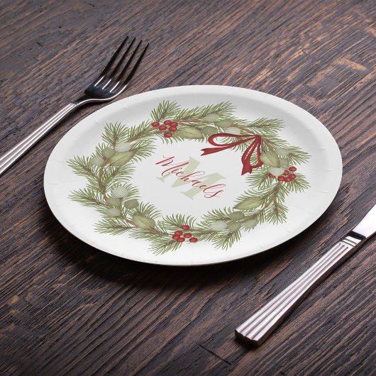 Botanischer Wreath Red Holly Monogram Pappteller