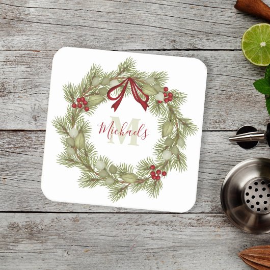 Botanischer Wreath Red Holly Monogram Rechteckiger Pappuntersetzer