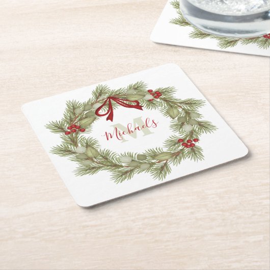 Botanischer Wreath Red Holly Monogram Rechteckiger Pappuntersetzer (angewinkelt)