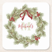 Botanischer Wreath Red Holly Monogram Rechteckiger Pappuntersetzer (Vorderseite)