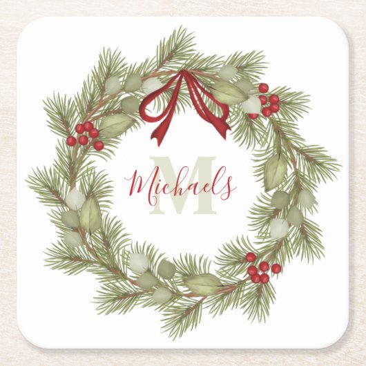 Botanischer Wreath Red Holly Monogram Rechteckiger Pappuntersetzer (Vorderseite)