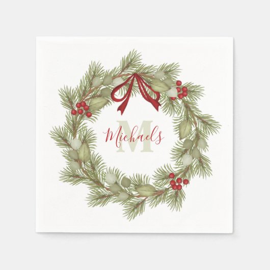 Botanischer Wreath Red Holly Monogram Serviette (Vorderseite)