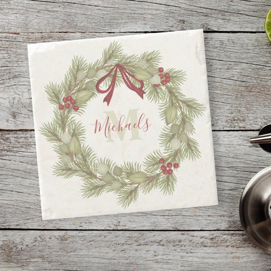 Botanischer Wreath Red Holly Monogram Steinuntersetzer