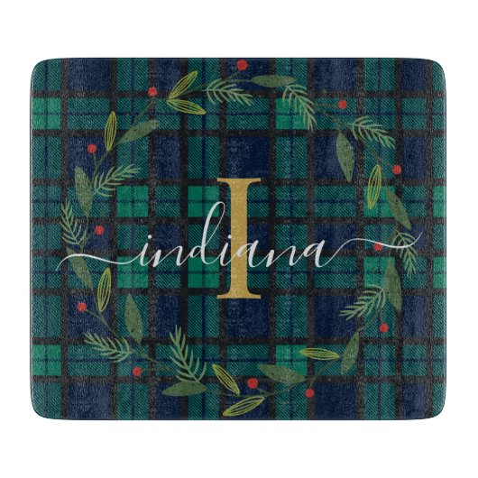 Botanischer Wreath Tartan kariertes Script Monogra Schneidebrett (Vorderseite)