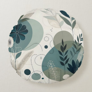 Botanisches Abstract Teal- und Neutralschattierung Rundes Kissen