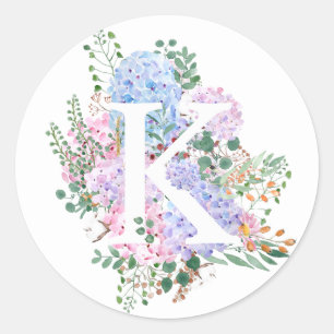 Botanisches Alphabet K Hydrangea-Blume Runder Aufkleber