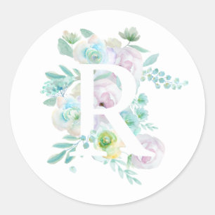 Botanisches Alphabet R grüne und violette Blumen Runder Aufkleber