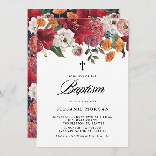 Botanisches Amaryllis und Chrysanthemum-Taufe Einladung (Vorne/Hinten)