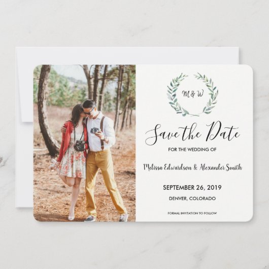 Botanisches Aquarell-Blätter mit Monogramm Foto Save The Date (Vorderseite)