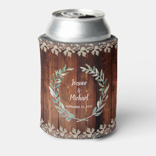 Botanisches Aquarell Blätter rustikales Holz Hochz Dosenkühler (Kanne Rückseite)