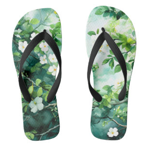 Botanisches Aquarell Weiße Blüten Grüne Blätter Badesandalen