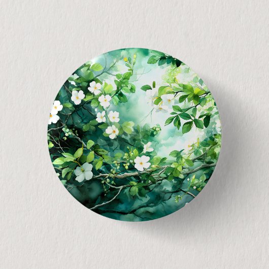Botanisches Aquarell Weiße Blüten Grüne Blätter Button (Vorderseite)