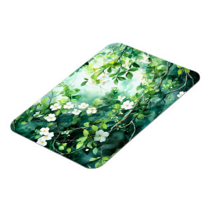 Botanisches Aquarell Weiße Blüten Grüne Blätter Magnet