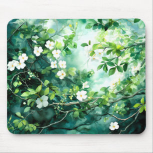 Botanisches Aquarell Weiße Blüten Grüne Blätter Mousepad