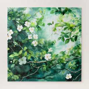 Botanisches Aquarell Weiße Blüten Grüne Blätter Puzzle