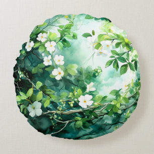 Botanisches Aquarell Weiße Blüten Grüne Blätter Rundes Kissen