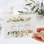 Botanisches Aquarellgold Fall moderne Schrift Postkarte<br><div class="desc">Pflaume lila,  pink,  bordeauxrot   goldene Hochzeit speichern das Datum Postkarte. Schöne Aquarellblumen,  Blätter und Frucht-Design.</div>