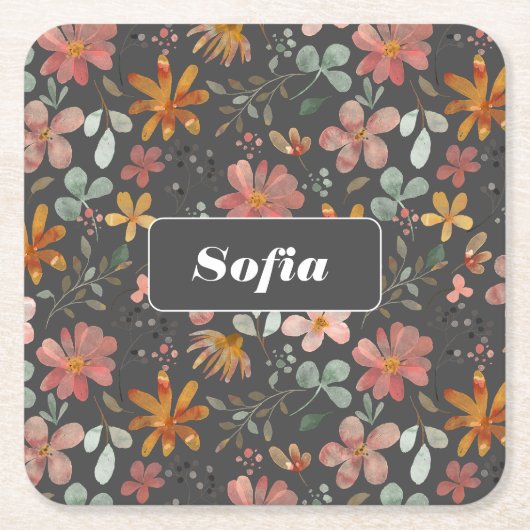 Botanisches Aquarellmuster, kundengrau Rechteckiger Pappuntersetzer (Vorderseite)