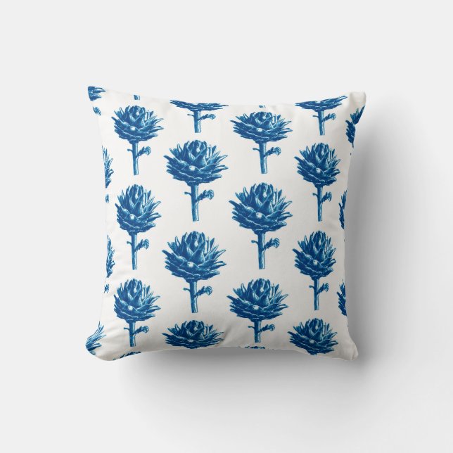 Botanisches Artichoke Print, Indigoblau und Weiß Kissen (Vorderseite)