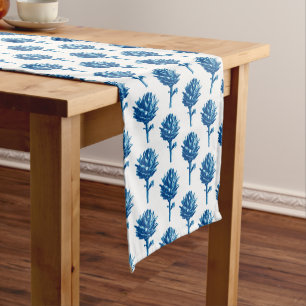Botanisches Artichoke Print, Indigoblau und Weiß Kurzer Tischläufer