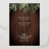 Botanisches Barnwood Sparkle String Lights Hochzei Folieneinladung (Vorderseite)