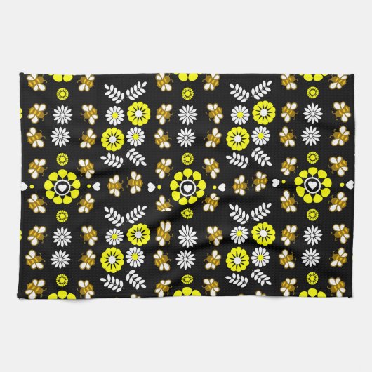 Botanisches Bienen-Blumen-Muster Geschirrtuch (Horizontal)