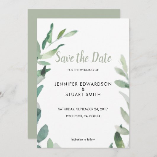Botanisches Blätter mit Aquarellfarben Save the Da Save The Date (Vorne/Hinten)