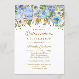 Botanisches Blau Gold Florales Quinceanera Einladung