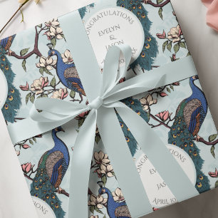 Botanisches Blau Hochzeit Pfau & Blumen Geschenkpapier