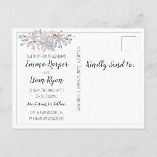 Botanisches Blau Save the Date Hochzeit Postkarte (Rückseite)