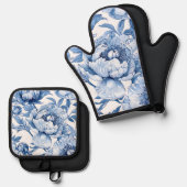 Botanisches blaues Flor Delikate Porzellan Blume Ofenhandschuh & Topflappen-Set (Vorderseite/Rückseite)