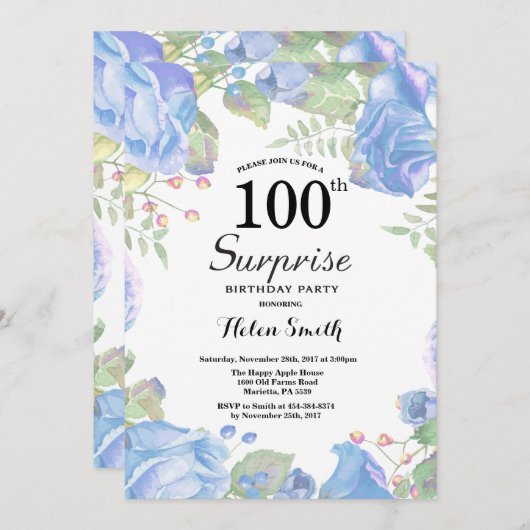 Botanisches Blaues Flora Überraschung 100. Geburts Einladung (Vorne/Hinten)