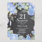 Botanisches blaues Flora Überraschung 21. Geburtst Einladung (Vorne/Hinten)