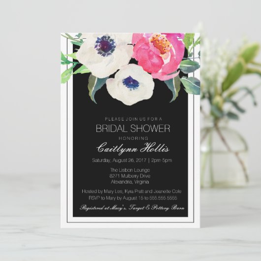 Botanisches Bliss Schwarz-weißes florales Brautpar Einladung (Stehend Vorderseite)