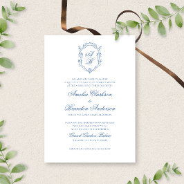 Botanisches Blue Monogram Wappen & Script Wedding Einladung